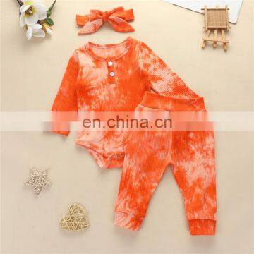 8colors New Design Tie Dye Pit Cotton Infant Romper Clothing Full Pant Baby Girls Fall Outfit Sets With Headband photo-4