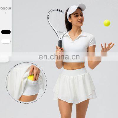 Blank Customize Hot Sale Women Sports Fitness Yoga Suit Short Sleeve Top Match Golf Tennis Set Mini Skirt 2 Piece Tracksuit photo-4