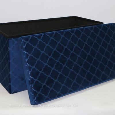 Foldable Storage Pressed Velvet Ottoman-Blue
