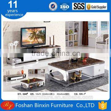 Living room furniture Marble top D009 stainless steel &tempered glass rectangular coffee table with wooden drawers tea table