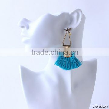 Blue silk tassel clip-on earrings antique gold handmade jewelry