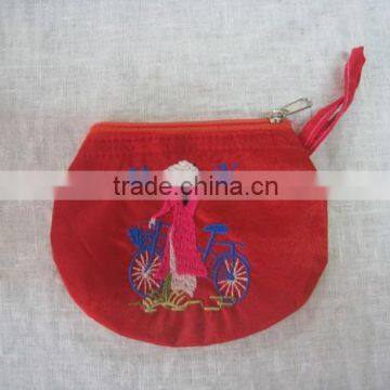 Hand embroidery round purse red for tourist