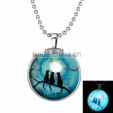 Round crystal pendant black cat and branch charm Light in the Dark Necklace