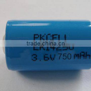 Power type ER14250 750mAh Size 1/2AA LiSOCL2 battery from shenzhen PKCELL battery