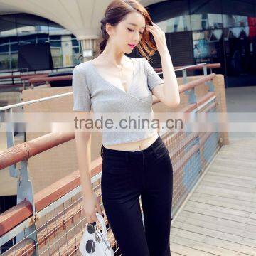 Women Ribbed Rib Deep V-Neck Tank Top Cotton Stretch Quality Tunic Basic T-shirt OEM Manufacturers Factory From Guangzhou photo-3