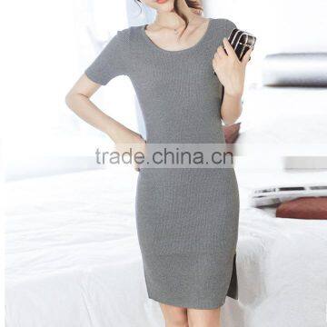 Fashion slim office short sleeve sexy slit hem lady sweater dress with high quality