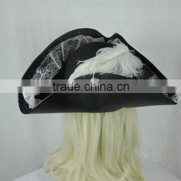 Leather Pirate of the Caribbean Hat Triangle Pirate Hat White Lace and Feathers photo-5