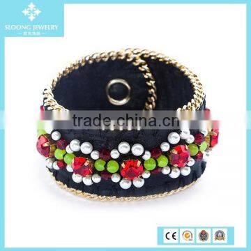 925 Fashionable Healthy Black Goatskin Leather With Pearl Beads Christian Bracelet