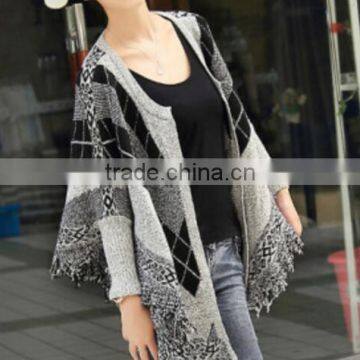 oem Jacquard shawl fringed cloak knitting cardigan sweater