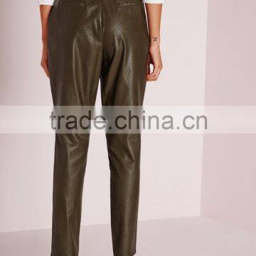 New Arrival Khaki Tie Waist Faux Leather Pants Women photo-4