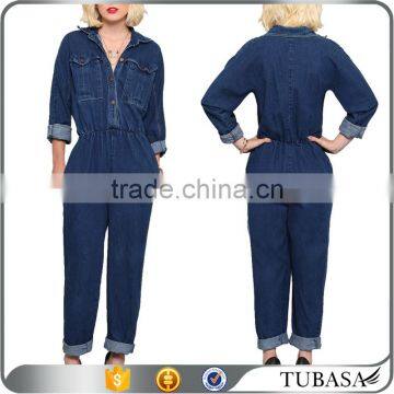 Wholesale lady Dark Denim Button Down denim jumpsuit women