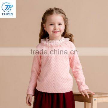 Winter Girls Knitted t Shirt Decorated With Lace And Pearl Around Neck Kids Long Sleeve Clothes