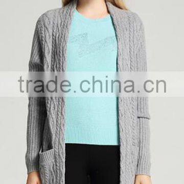 Women's Most Popular Gery Cable Knit Cashmere Sweater Cardigan With Side Pockets photo-3