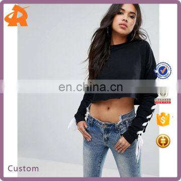 Guangzhou custom high quality black 100% cotton crew neck sweatshirt ladies fashion sweatshirts