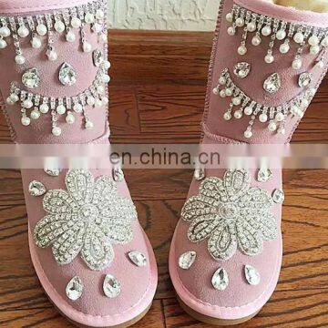 Aidocrystal boot women shoes 2017 New Hot rhinestone pearl Warm Fur half Snow Winter Boots size 12