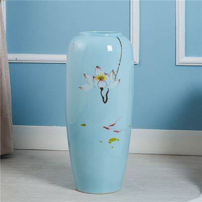 Hand Paint Countryside Style Lotus Flower Large Blue Ceramic Vase Decoration For Wedding Gift photo-3