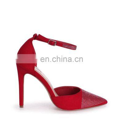 Ladies attractive red color wholesale high heel ankle strap with beautiful stones sandals shoes women footwear