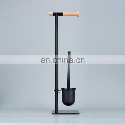 Free Standing Black Metal Toilet Clean Brush Holders Set With Bamboo Paper Holder photo-2
