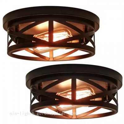 2 Light Recessed Ceiling Light Industrial Retro Matte Black Metal Cage Fixture Ceiling Bracket for Kitchen, Hallway, Bedroom