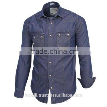 Pure cotton denim long sleeve double pocket regular fit men's shirts