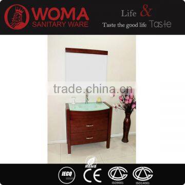 Glass Wash Basin Red Color Wood Cabinet Solid Wood Bathroom Furniture No.1004B
