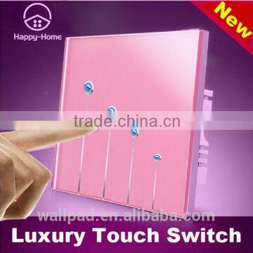 New Wallpad Pink LED Waterproof UK Crystal Glass 110~250V 4 gang 1 way Sensor Touch Screen Light Control Wall Switch                        
                                                Quality Choice