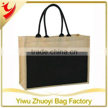 Contrast Eco jute bag with Black Reinforced Handles and Cotton Front Pocket