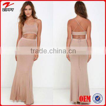 2016 New design two-piece maxi dress backless sexy knit jersey maxi dress