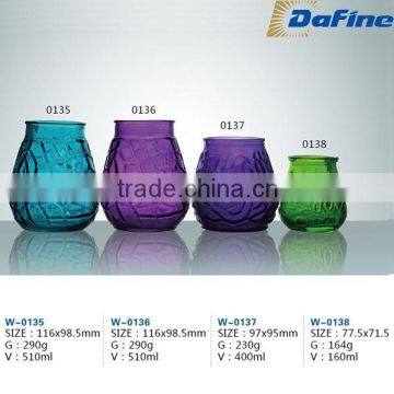 Embossed glass candle jar for Many color & size available with unique design, glassware