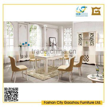 white lacqured luxury wooden dining room furniture sets with marble top dining table and leather chairs