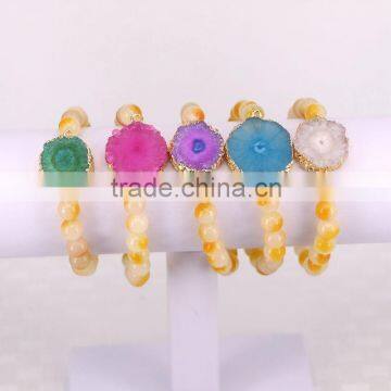 Yellow White Marble Stone Round Beads with Gold Plated Sun Flower Agate Quartz Stone Connector Druzy Bracelet