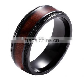 Black zirconium Koa Wood inlay 8mm Ring with Milgrain