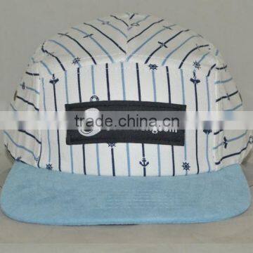 Guangzhou hat factory professional custom 100% polyester / 5 panel/black stripes/black label mark/flat brim hat