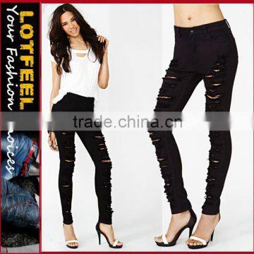 HShredded Skinny Jeans Black distressed women denim jeans pants (LOTX283)