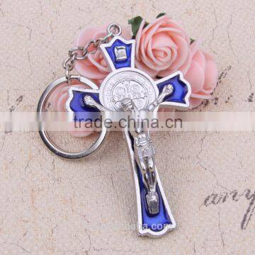 2016 new design wholesale key chain 3-colors big St. Benedict metal crucifix key chain cross key holder