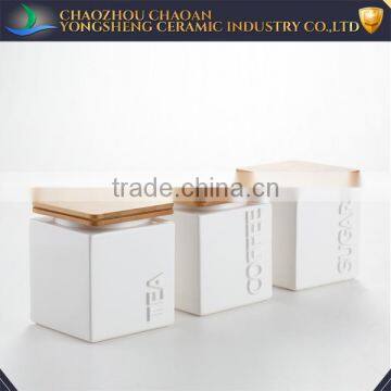Square shape ceramic tea coffee sugar canister with wood lid houseware