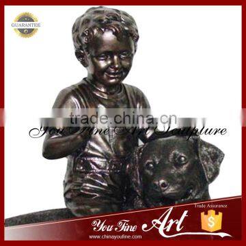 Outdoor Decor Bronze Boy Child Statues With Dog Statue photo-2
