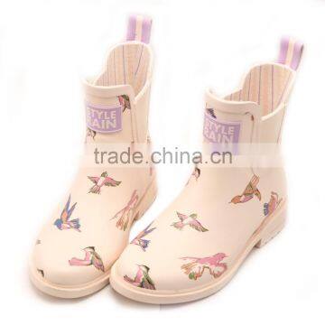Beige Cream Color Bird Printed Girls Soft Comfortable Warm Winter Waterproof Shoes Garden Use Antislip Outsole Rain Boot Wellies photo-2