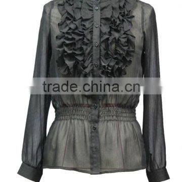Good Quality Women Black Color Fashion Sheer Chiffon Blouse With Ruffle photo-2
