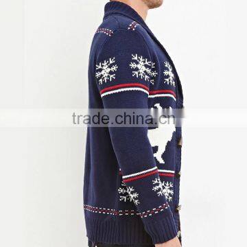 Navy Shawl Collar Long Sleeve Snow and Deer Patterns Cardigan Ugly Christmas Sweater photo-3