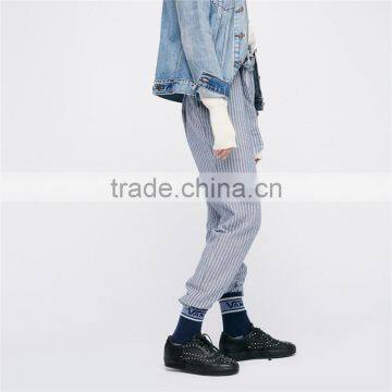 Ladies Navy Blue Jogger Pants Cotton-linen Wide Striped Trousers photo-2