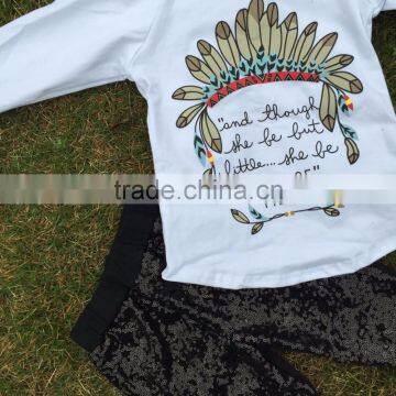 2016 New Design "Fierce" Feather Long Sleeves Black Sequins Pants Kids Clothing Girls Clothes Suit With Matching Accessories photo-2