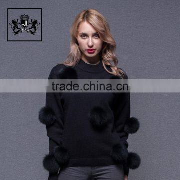 2017 Cute hand made korean woollen cashmere sweater for ladies with fox fur pom pom