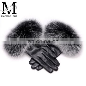 Warm Real Leather Glove With Big Genuine Fox Fur Beautiful Glove