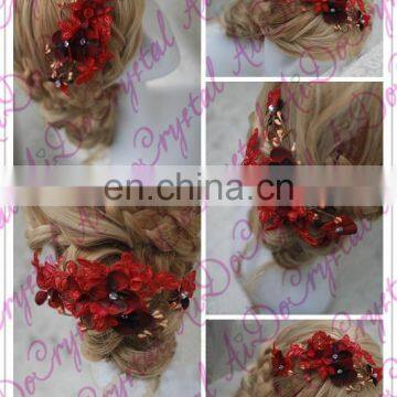 Aidocrystal Deep Red Hairpiece, Red Flower Bridal Hair Flower Headband Headwear photo-3