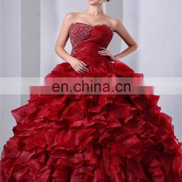 Red Sweetheart Sleeveless Floor Length Lace-up Evening Gowns Ruched Piping Sequins Beaded Quinceaneras Dress