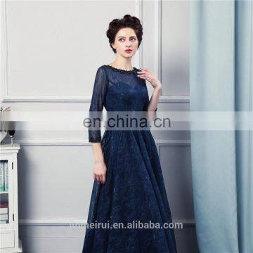 Navy Blue Long Bridesmaid Dresses High Quality Lace Floor Length 3/4 Long Sleeves Sheer Illussion Corset Brides Maid Vestidos De photo-3