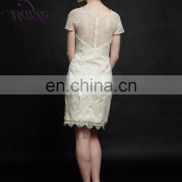 Stock Light Beige Short Sleeve v Neck Short Lace Dress for Online Shopping photo-2