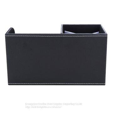 Wooden Struction Leather Multi-function Desk Stationery Organizer Storage Box Pen/Pencil,Cell Phone, Business Name Cards Remote Control Holder With Small Drawer Black photo-4