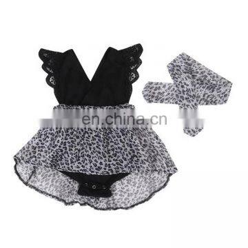 Fashion summer kids outfit petal sleeve baby girls party wear dresses Toddler Infant leopard romper dress headband Set